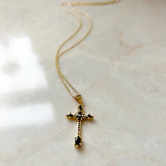 Black CZ Cross Necklace | 14k Gold Filled - Picture 3 of 9